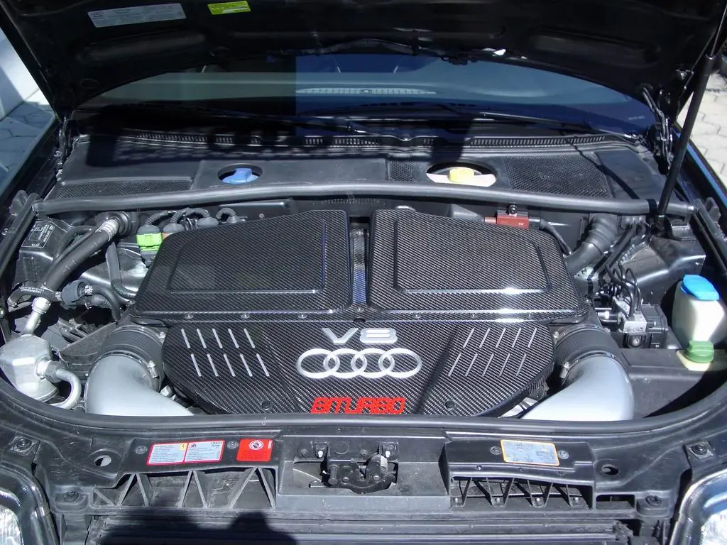 Audi C5 RS6 biturbo V8 engine bay showing intercooler plumbing and cooling routing
