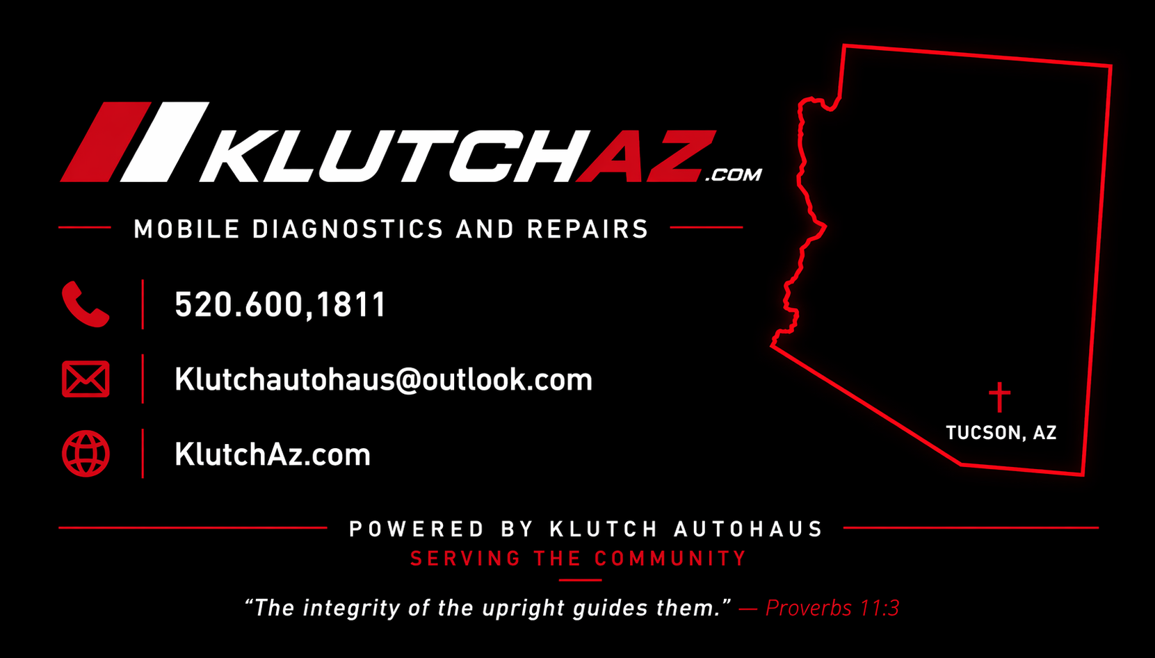 Klutch Autohaus business card back with phone 520-600-1811, email klutchAutohaus@Outlook.com, website KlutchAz.com, and Tucson, Arizona map