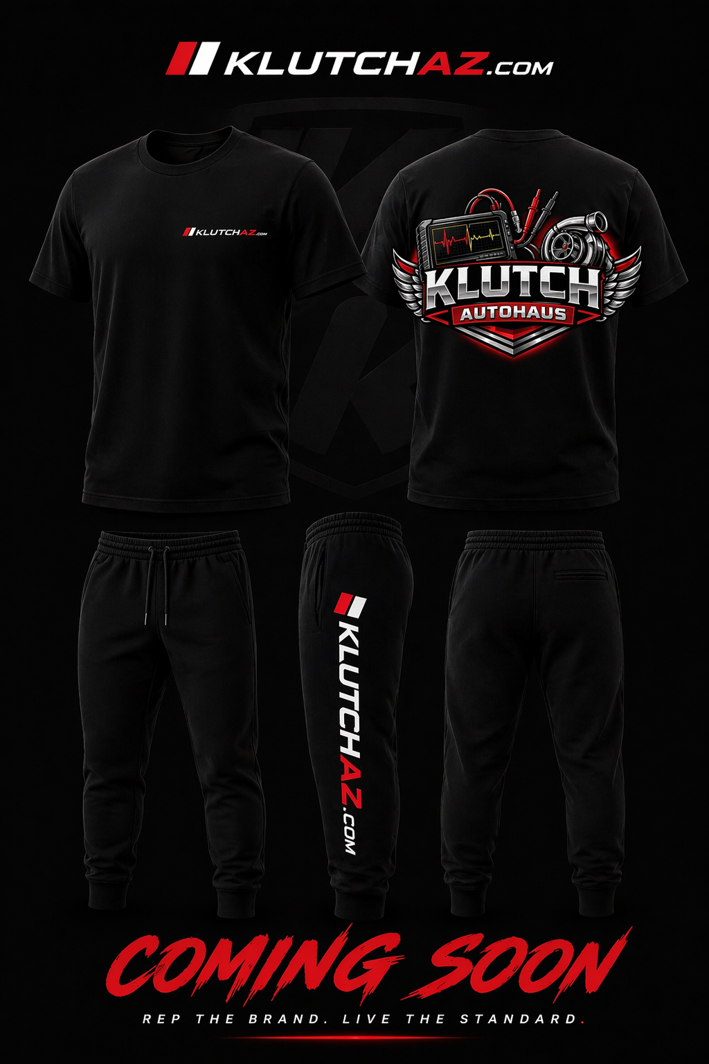 Klutch Autohaus black tee and joggers set with KLUTCHAZ.com branding